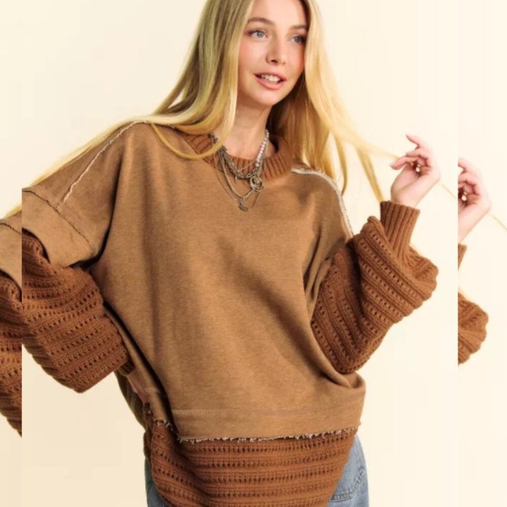 DAVI & DANI Tan Chunky Layered Detail Ribbed Knit Trim Sweater